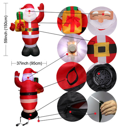 Inflatable Santa with detailed features: Fan, Anchors, Rope, LED light. Dimensions